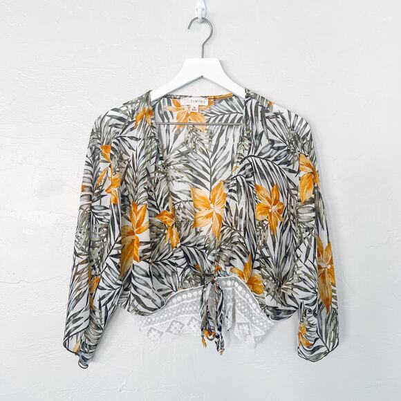 Timing Sheer Floral Tie Front Blouse Medium - Picture 1 of 5